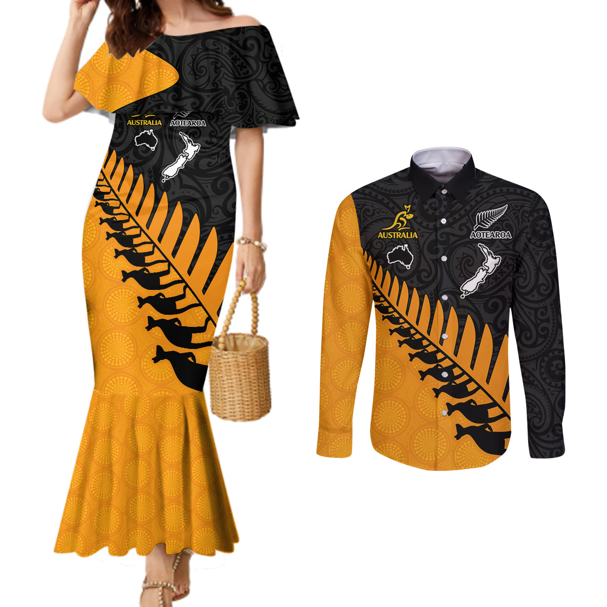 australia-wallabies-and-aotearoa-rugby-couples-matching-mermaid-dress-and-long-sleeve-button-shirts-kangaroo-black-fern-maori-gold-vibe