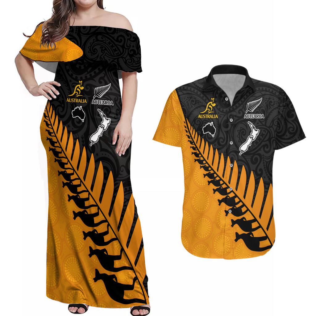 Australia Wallabies and Aotearoa Rugby Couples Matching Off Shoulder Maxi Dress and Hawaiian Shirt Kangaroo Black Fern Maori Gold Vibe LT9 - Wonder Print Shop