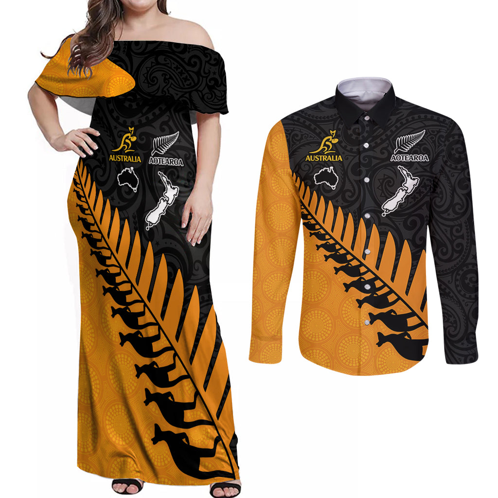 Australia Wallabies and Aotearoa Rugby Couples Matching Off Shoulder Maxi Dress and Long Sleeve Button Shirts Kangaroo Black Fern Maori Gold Vibe LT9 - Wonder Print Shop