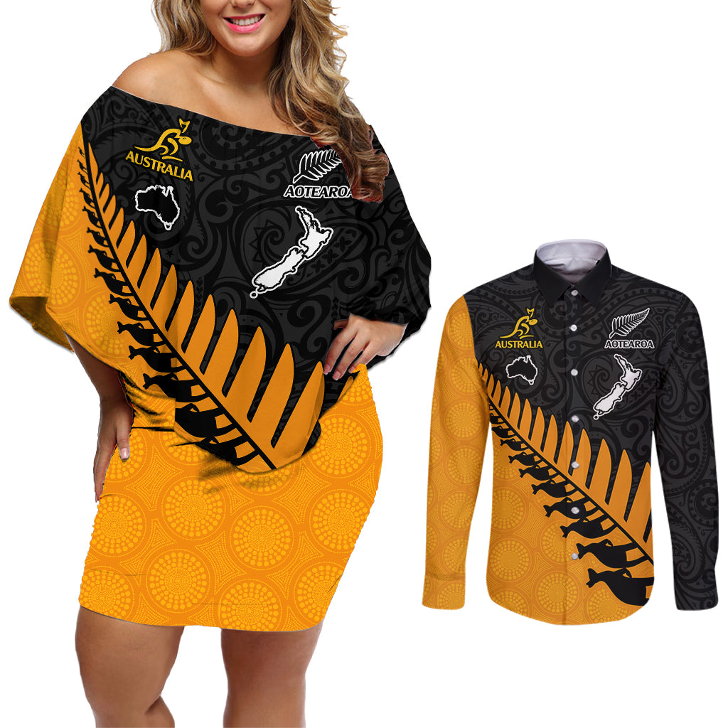 Australia Wallabies and Aotearoa Rugby Couples Matching Off Shoulder Short Dress and Long Sleeve Button Shirts Kangaroo Black Fern Maori Gold Vibe LT9 - Wonder Print Shop