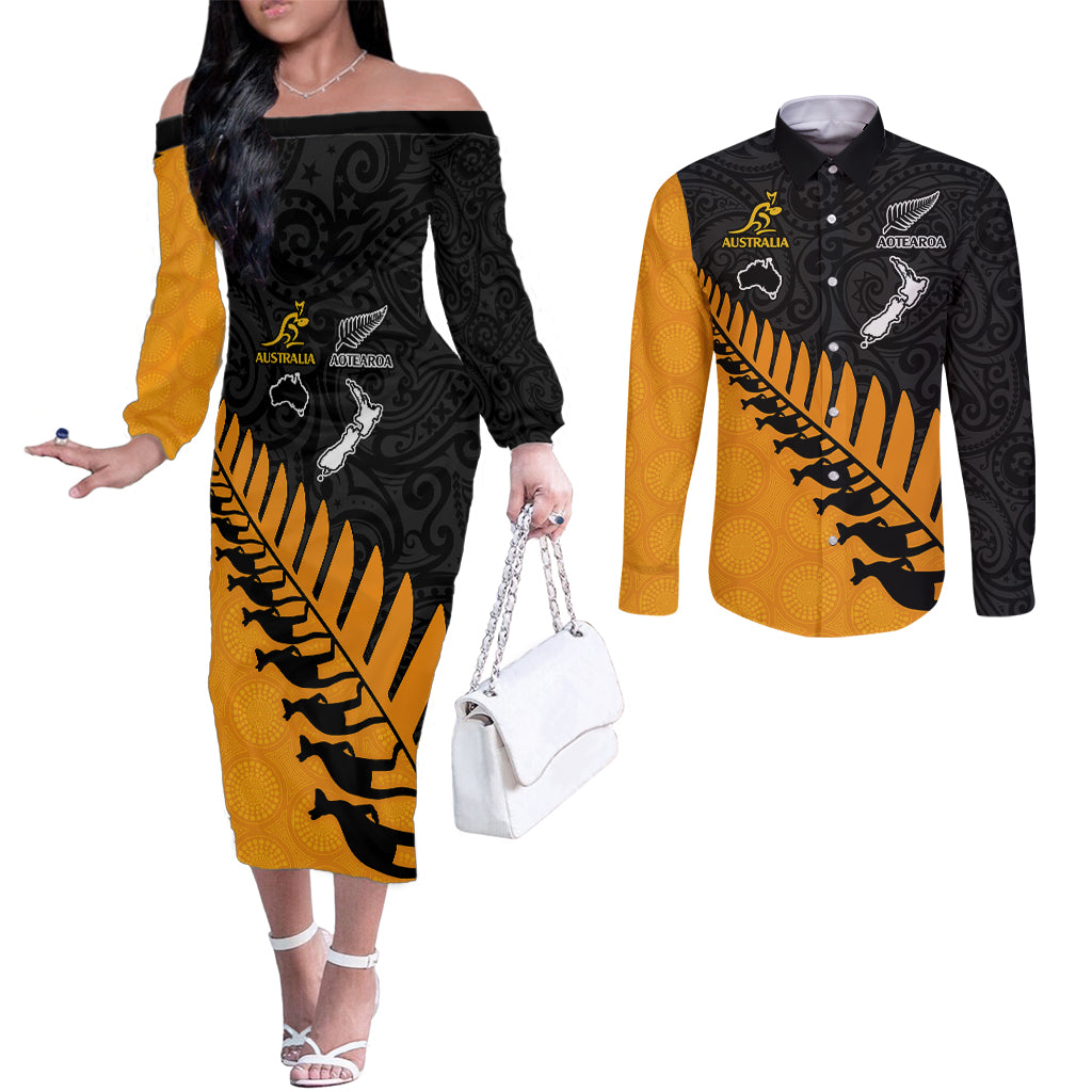 australia-wallabies-and-aotearoa-rugby-couples-matching-off-the-shoulder-long-sleeve-dress-and-long-sleeve-button-shirts-kangaroo-black-fern-maori-gold-vibe