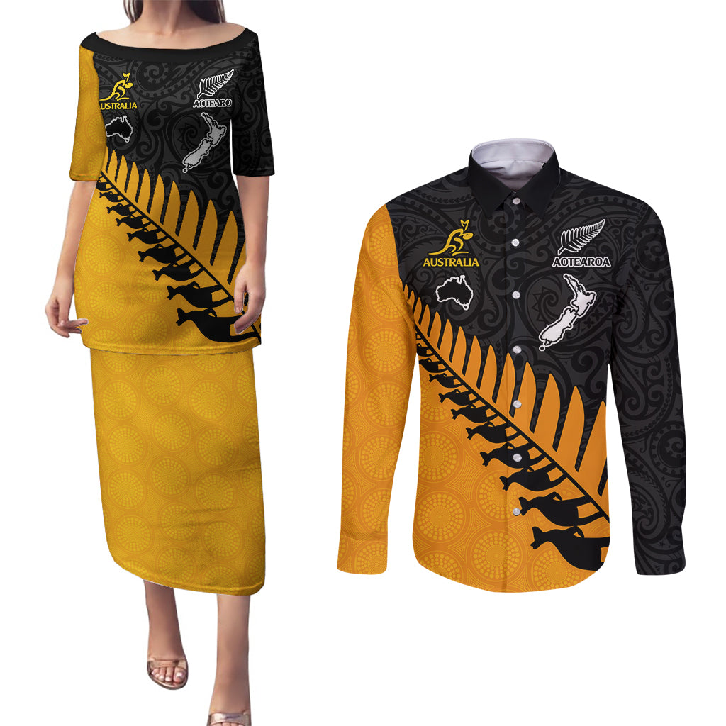 Australia Wallabies and Aotearoa Rugby Couples Matching Puletasi Dress and Long Sleeve Button Shirts Kangaroo Black Fern Maori Gold Vibe LT9 - Wonder Print Shop