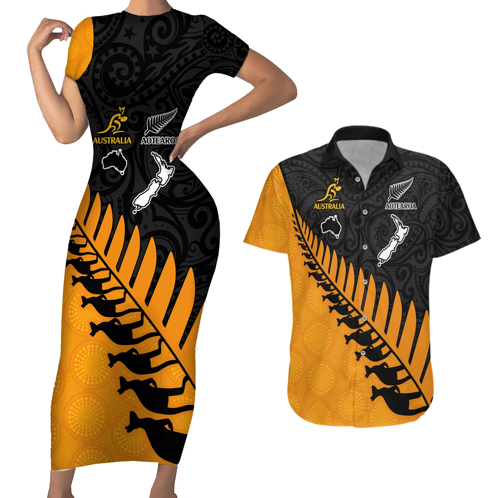 Australia Wallabies and Aotearoa Rugby Couples Matching Short Sleeve Bodycon Dress and Hawaiian Shirt Kangaroo Black Fern Maori Gold Vibe LT9 - Wonder Print Shop