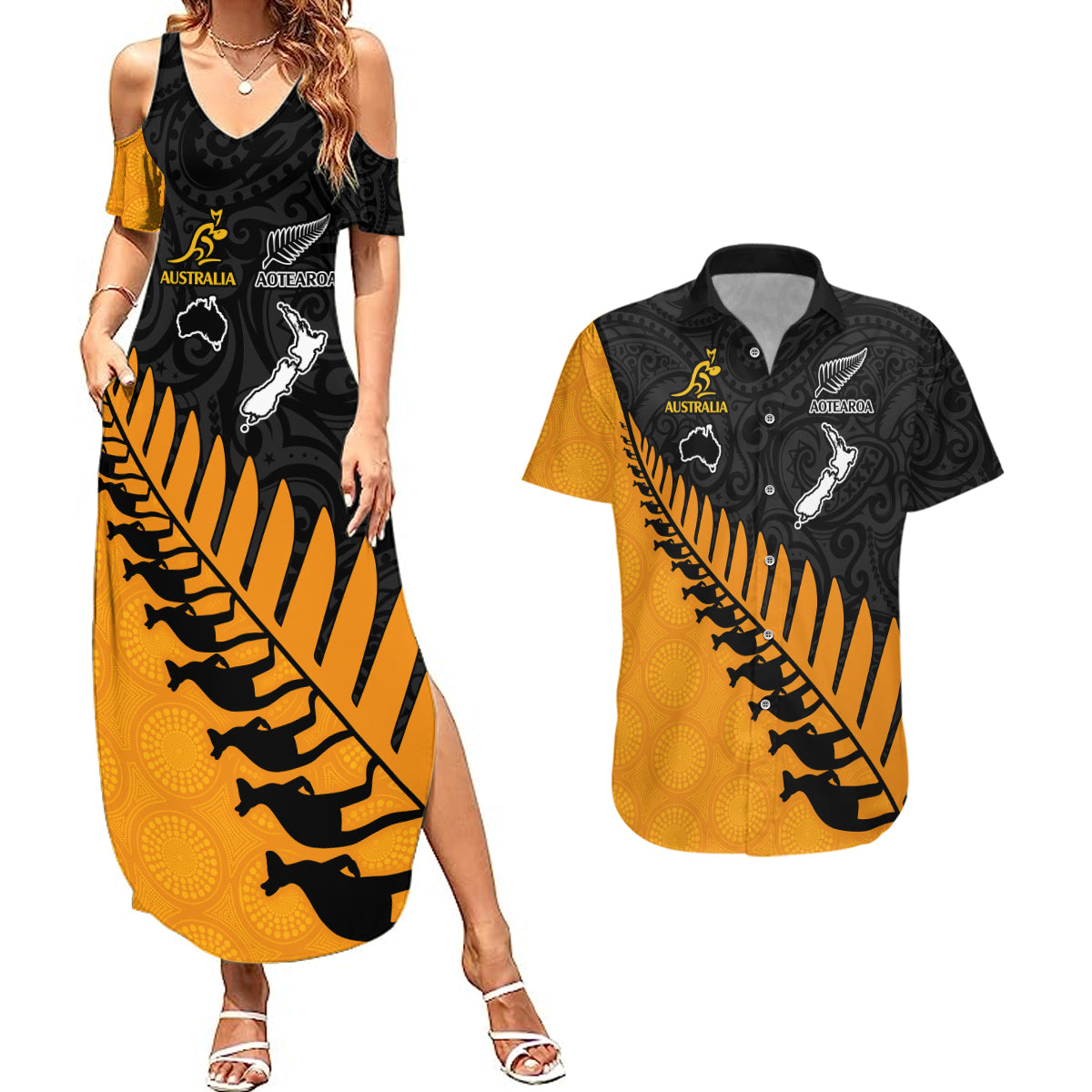 Australia Wallabies and Aotearoa Rugby Couples Matching Summer Maxi Dress and Hawaiian Shirt Kangaroo Black Fern Maori Gold Vibe LT9 - Wonder Print Shop