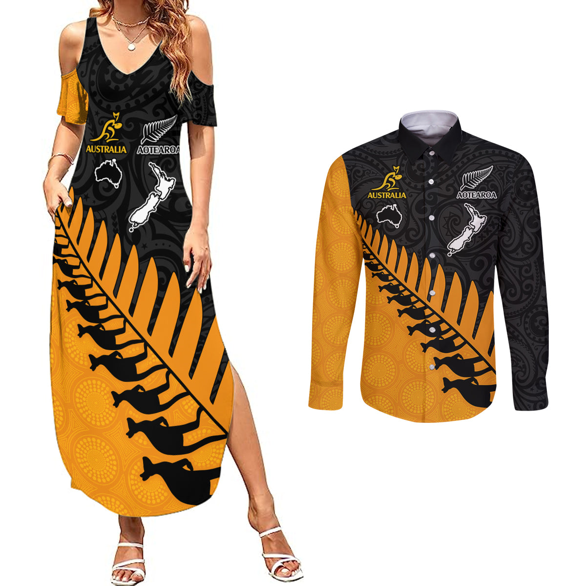 Australia Wallabies and Aotearoa Rugby Couples Matching Summer Maxi Dress and Long Sleeve Button Shirts Kangaroo Black Fern Maori Gold Vibe LT9 - Wonder Print Shop