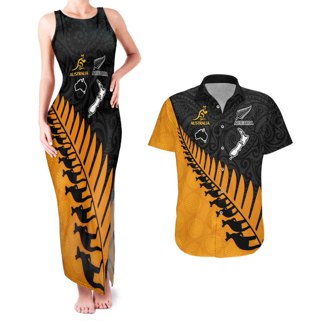 Australia Wallabies and Aotearoa Rugby Couples Matching Tank Maxi Dress And Hawaiian Shirt Kangaroo Black Fern Maori Gold Vibe LT9 - Wonder Print Shop