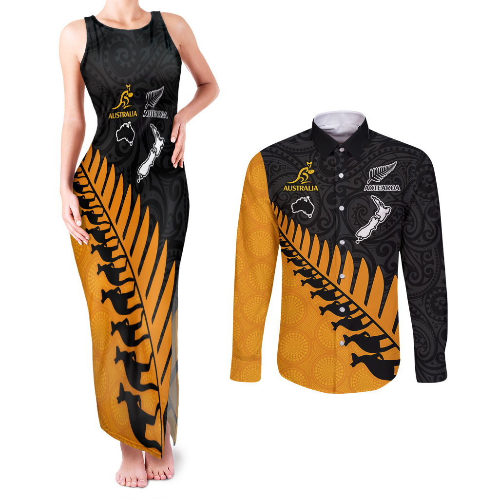 Australia Wallabies and Aotearoa Rugby Couples Matching Tank Maxi Dress and Long Sleeve Button Shirts Kangaroo Black Fern Maori Gold Vibe LT9 - Wonder Print Shop