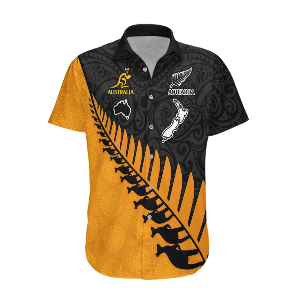 Australia Wallabies and Aotearoa Rugby Hawaiian Shirt Kangaroo Black Fern Maori Gold Vibe - Wonder Print Shop