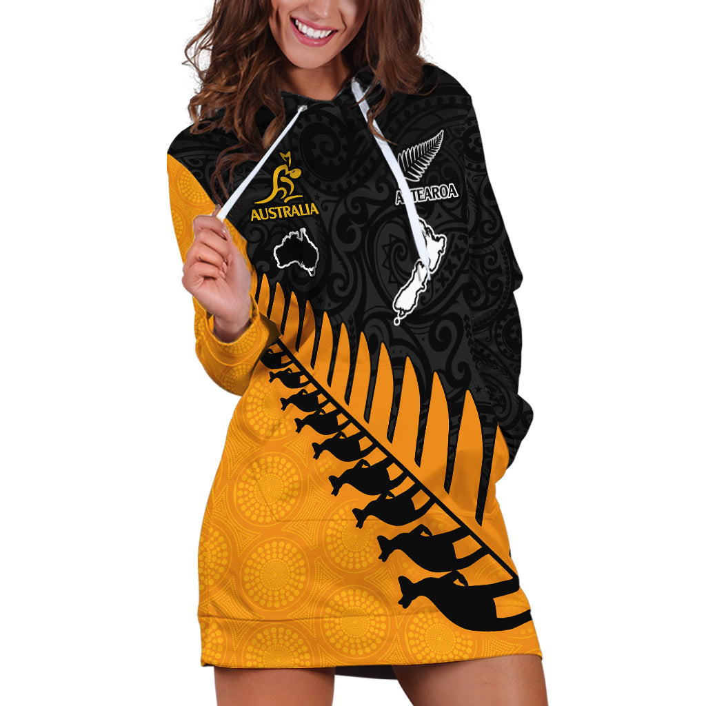 Australia Wallabies and Aotearoa Rugby Hoodie Dress Kangaroo Black Fern Maori Gold Vibe - Wonder Print Shop