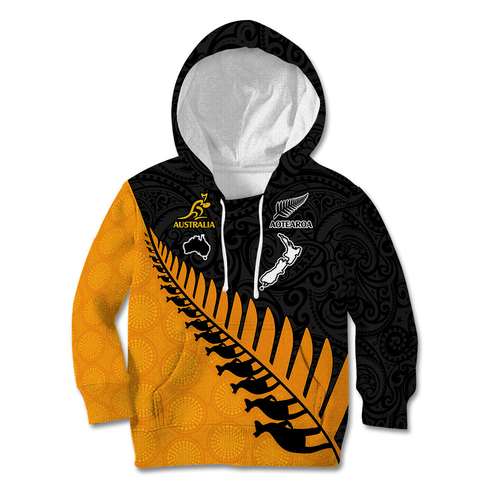 Australia Wallabies and Aotearoa Rugby Kid Hoodie Kangaroo Black Fern Maori Gold Vibe - Wonder Print Shop