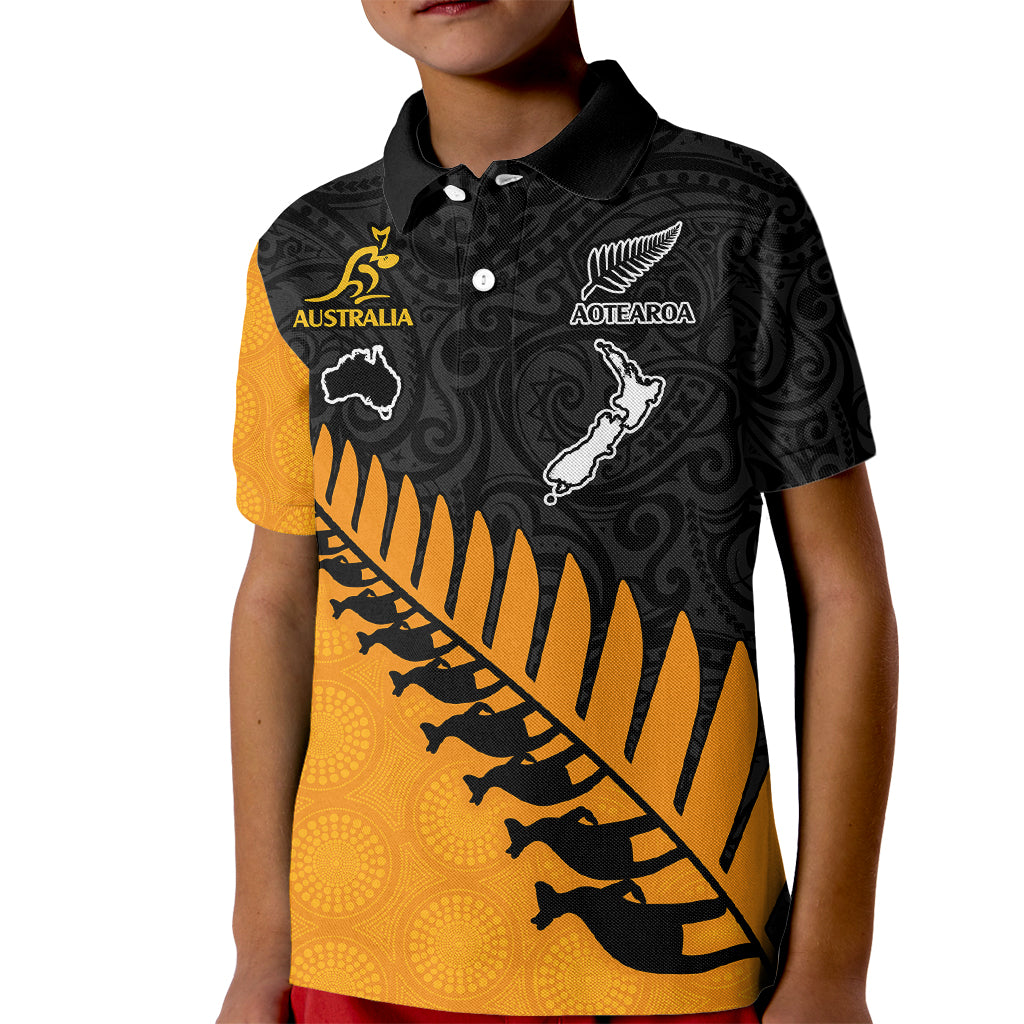 Australia Wallabies and Aotearoa Rugby Kid Polo Shirt Kangaroo Black Fern Maori Gold Vibe - Wonder Print Shop