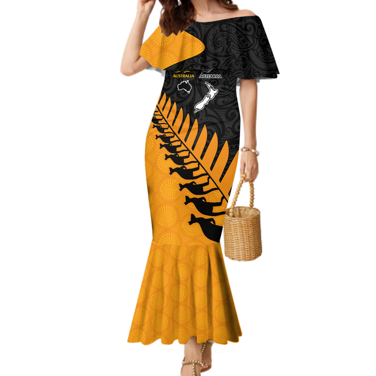 Australia Wallabies and Aotearoa Rugby Mermaid Dress Kangaroo Black Fern Maori Gold Vibe - Wonder Print Shop