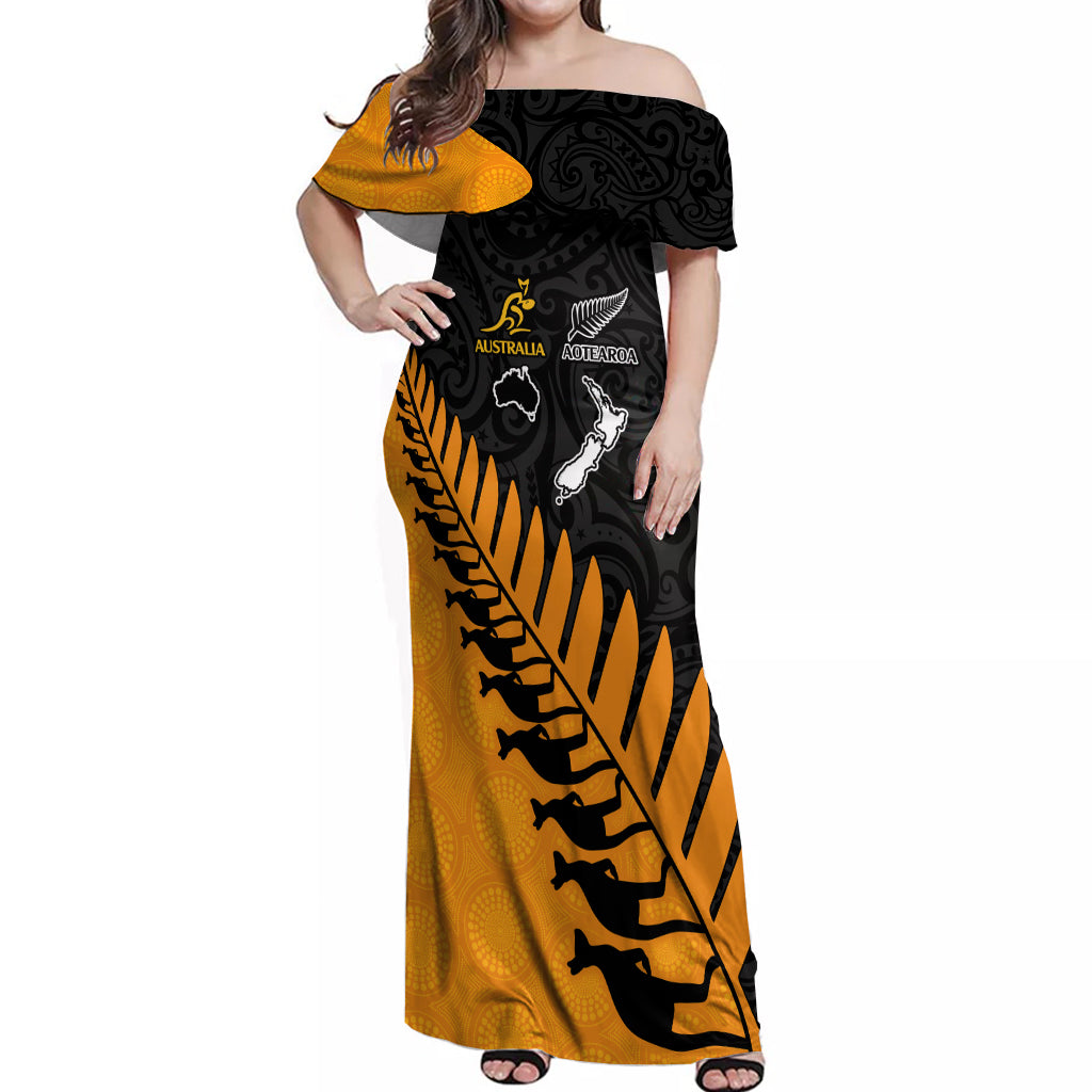 Australia Wallabies and Aotearoa Rugby Off Shoulder Maxi Dress Kangaroo Black Fern Maori Gold Vibe - Wonder Print Shop