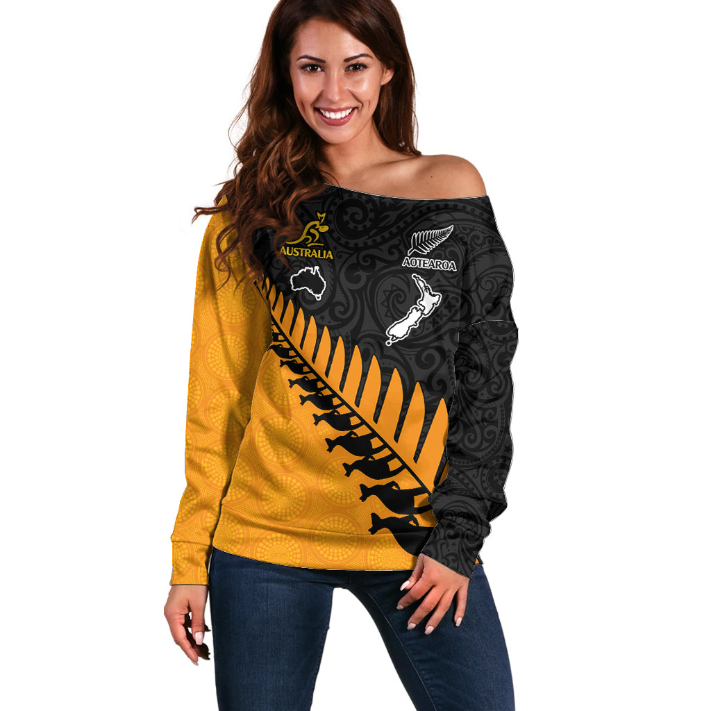 Australia Wallabies and Aotearoa Rugby Off Shoulder Sweater Kangaroo Black Fern Maori Gold Vibe - Wonder Print Shop