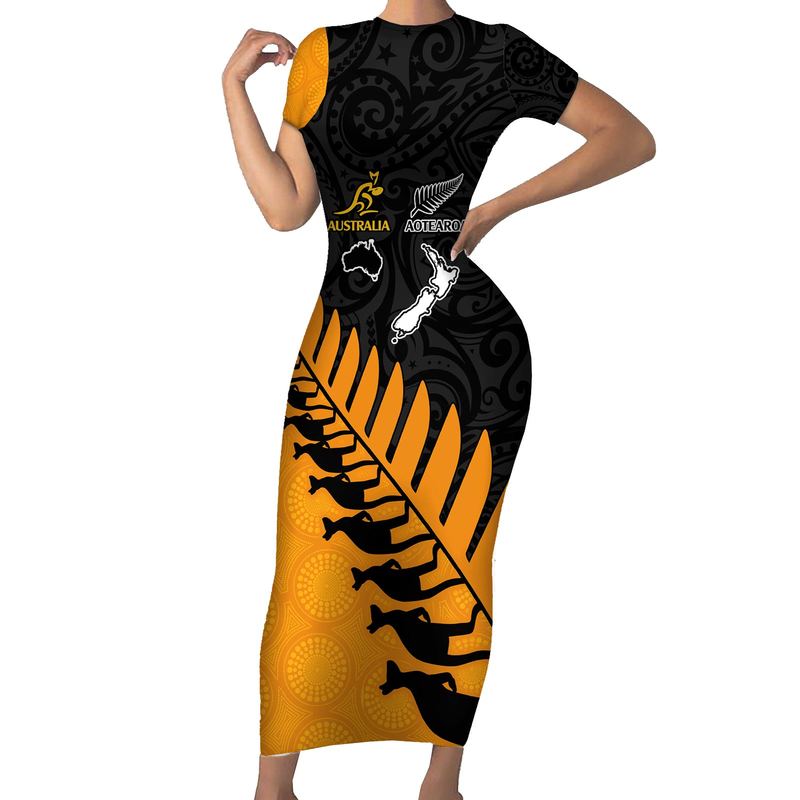 australia-wallabies-and-aotearoa-rugby-short-sleeve-bodycon-dress-kangaroo-black-fern-maori-gold-vibe