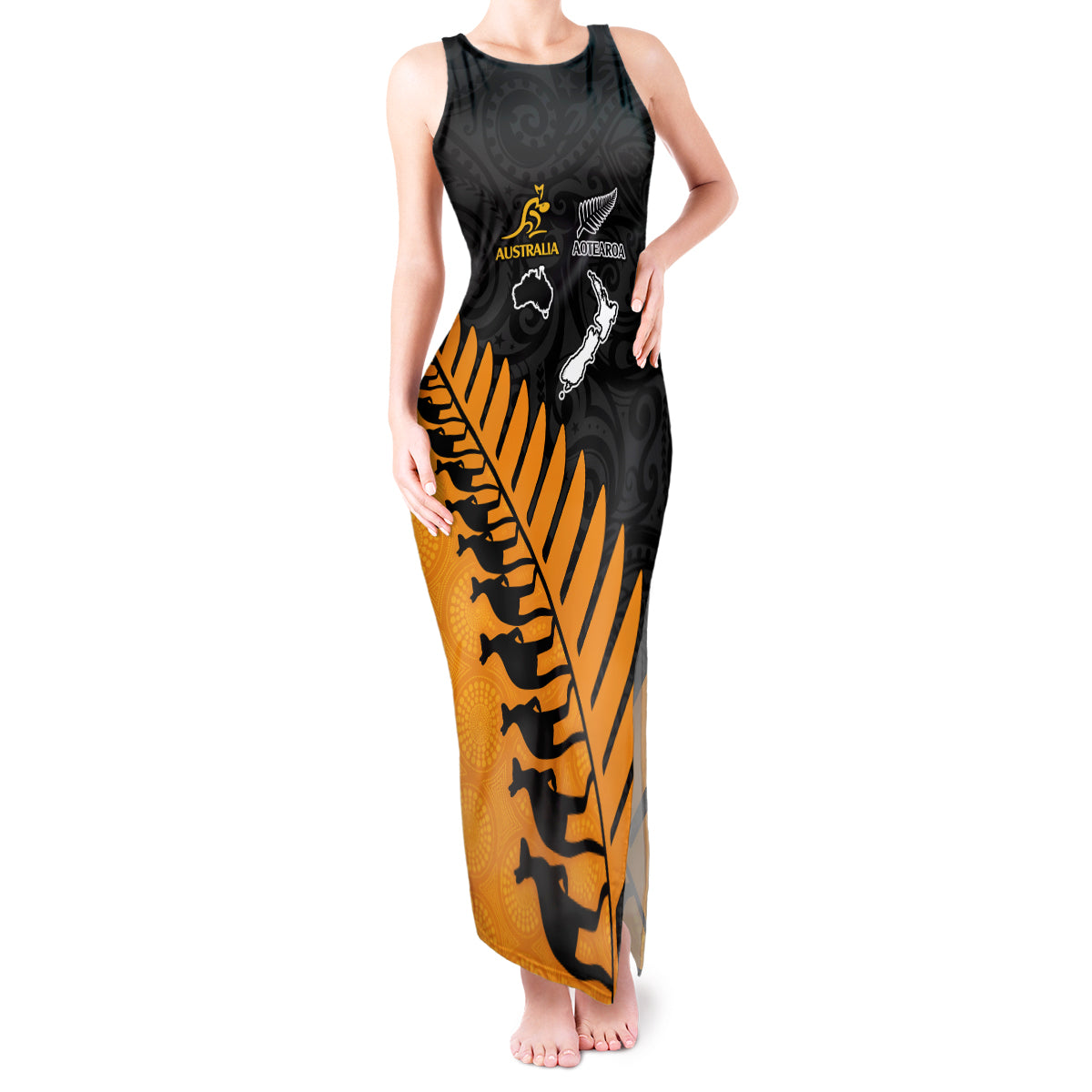 australia-wallabies-and-aotearoa-rugby-tank-maxi-dress-kangaroo-black-fern-maori-gold-vibe