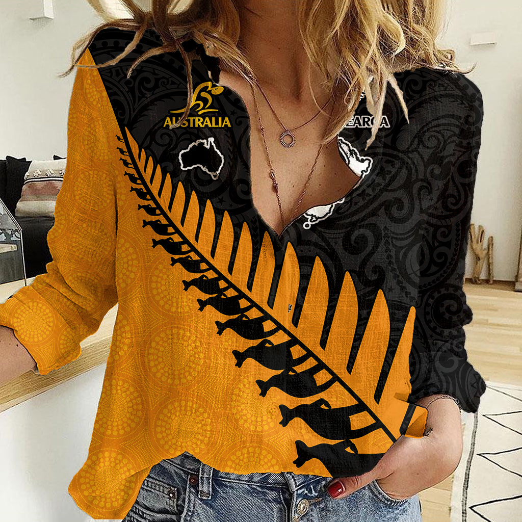 australia-wallabies-and-aotearoa-rugby-women-casual-shirt-kangaroo-black-fern-maori-gold-vibe