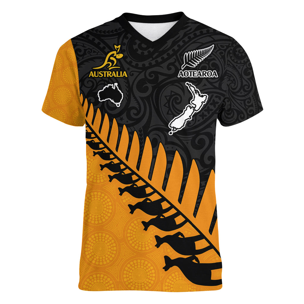 australia-wallabies-and-aotearoa-rugby-women-v-neck-t-shirt-kangaroo-black-fern-maori-gold-vibe