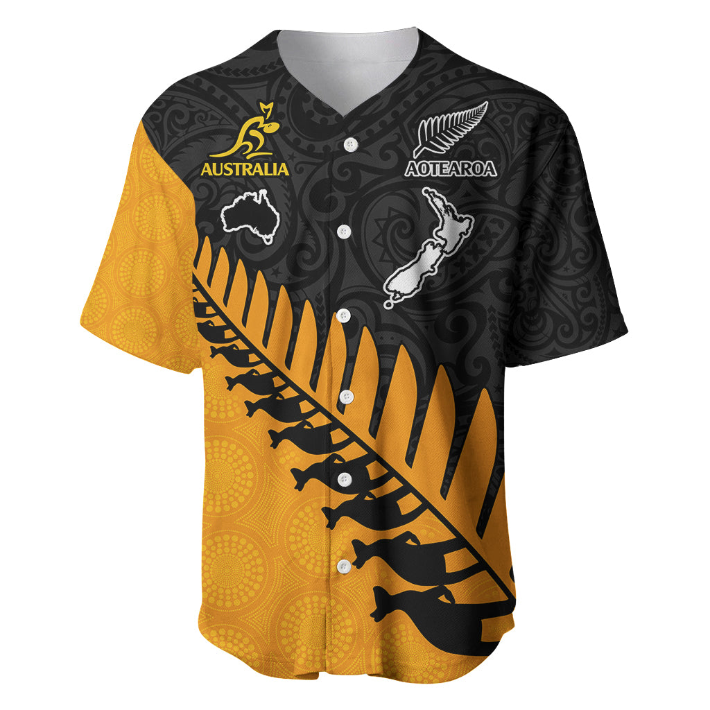 Black and gold rugby baseball jersey with Australia & Aotearoa emblems and Maori patterns