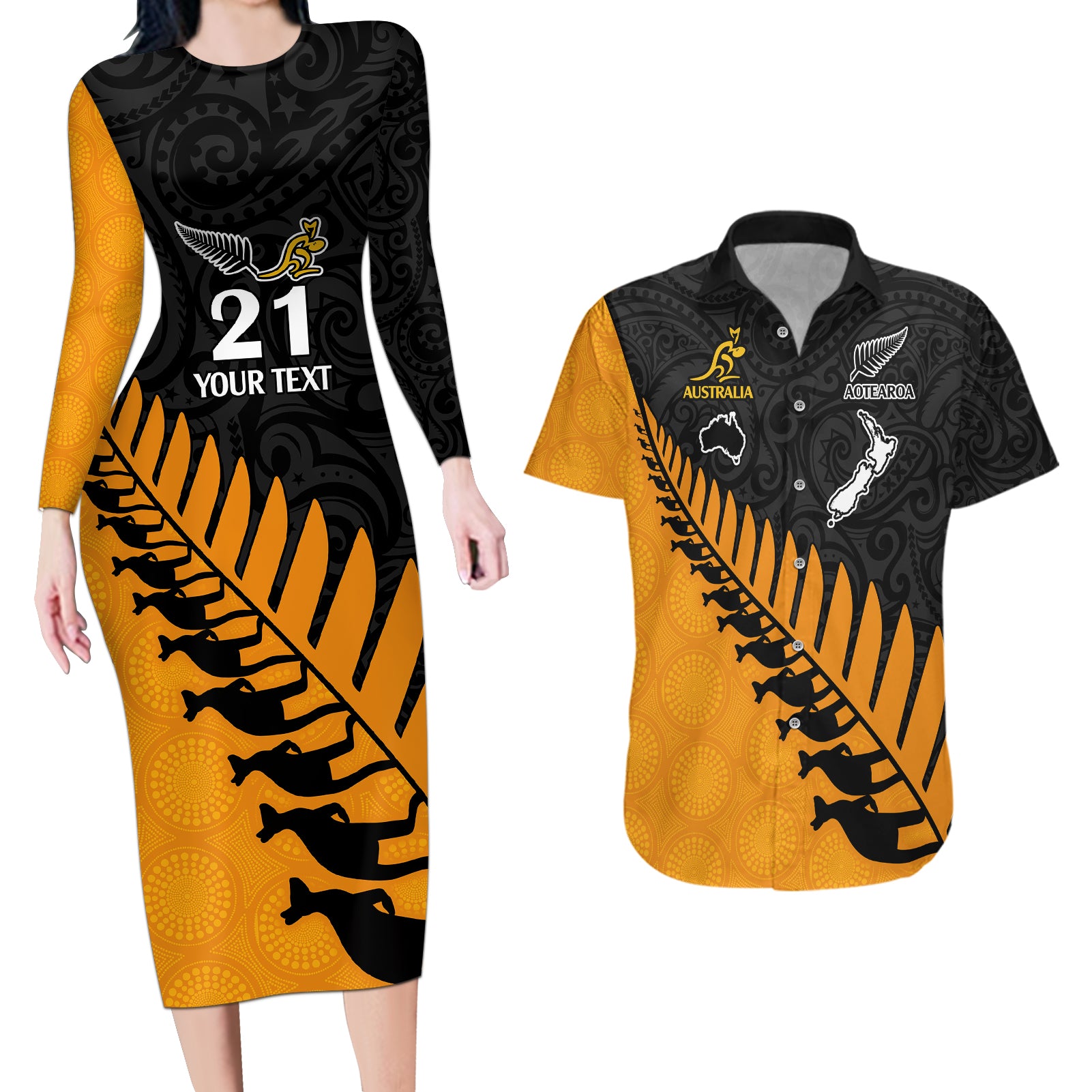 Custom Australia Wallabies and Aotearoa Rugby Couples Matching Long Sleeve Bodycon Dress and Hawaiian Shirt Kangaroo Black Fern Maori Gold Vibe LT9 - Wonder Print Shop