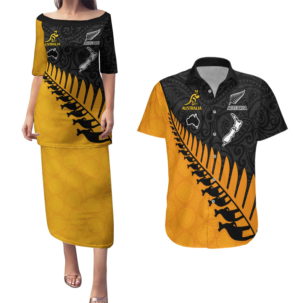 Custom Australia Wallabies and Aotearoa Rugby Couples Matching Puletasi Dress and Hawaiian Shirt Kangaroo Black Fern Maori Gold Vibe LT9 - Wonder Print Shop