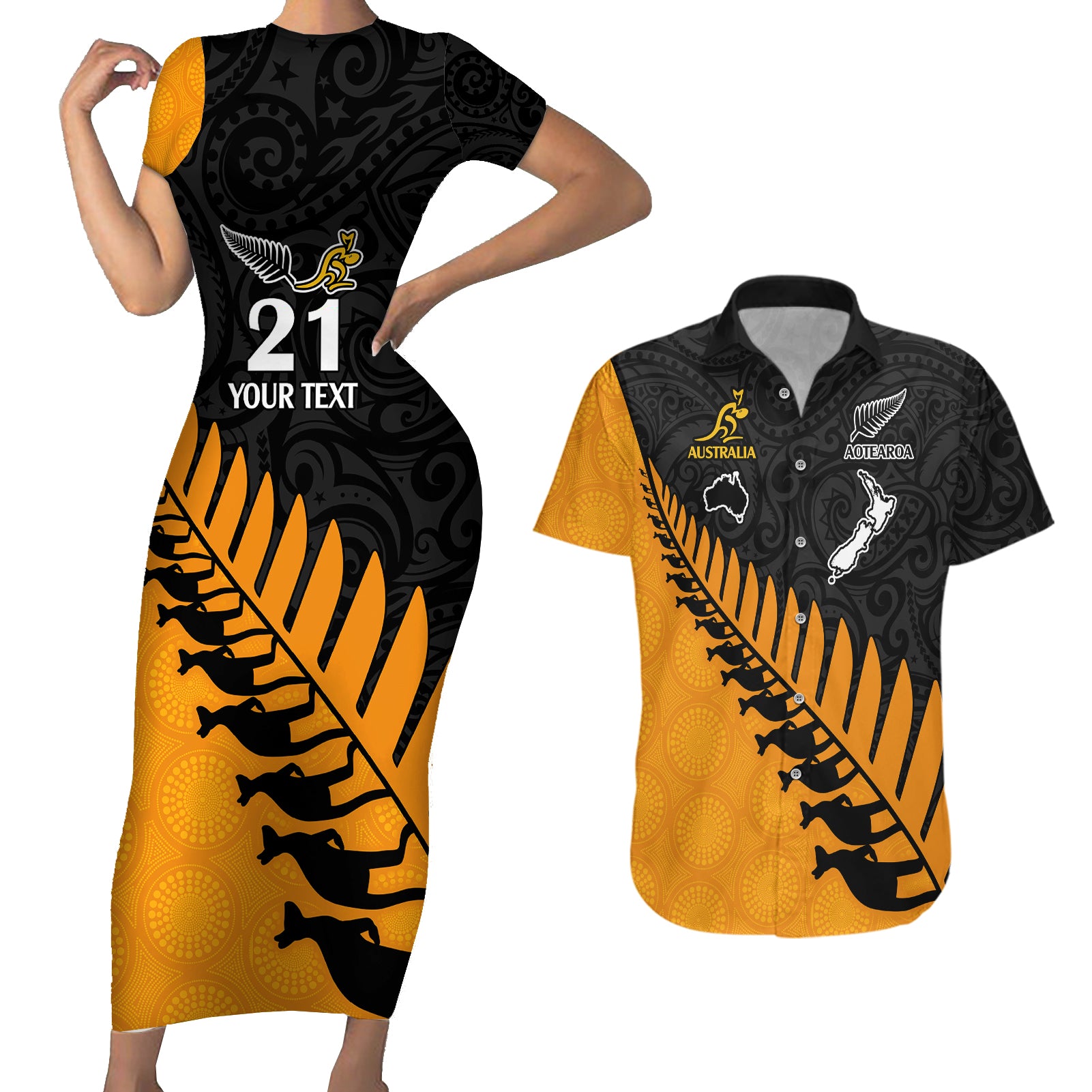 Custom Australia Wallabies and Aotearoa Rugby Couples Matching Short Sleeve Bodycon Dress and Hawaiian Shirt Kangaroo Black Fern Maori Gold Vibe LT9 - Wonder Print Shop