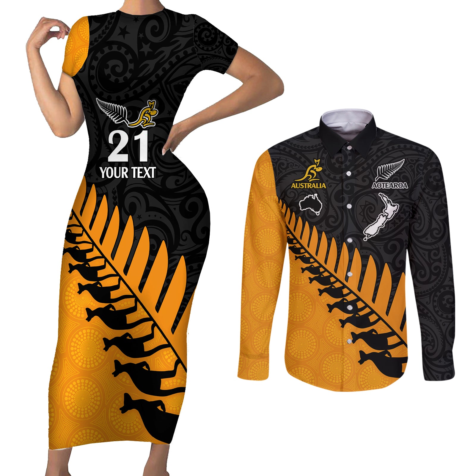 Custom Australia Wallabies and Aotearoa Rugby Couples Matching Short Sleeve Bodycon Dress and Long Sleeve Button Shirts Kangaroo Black Fern Maori Gold Vibe LT9 - Wonder Print Shop