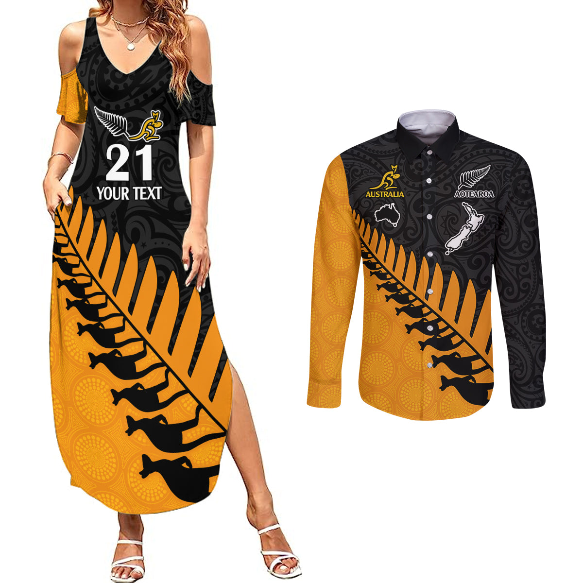 Custom Australia Wallabies and Aotearoa Rugby Couples Matching Summer Maxi Dress and Long Sleeve Button Shirts Kangaroo Black Fern Maori Gold Vibe LT9 - Wonder Print Shop