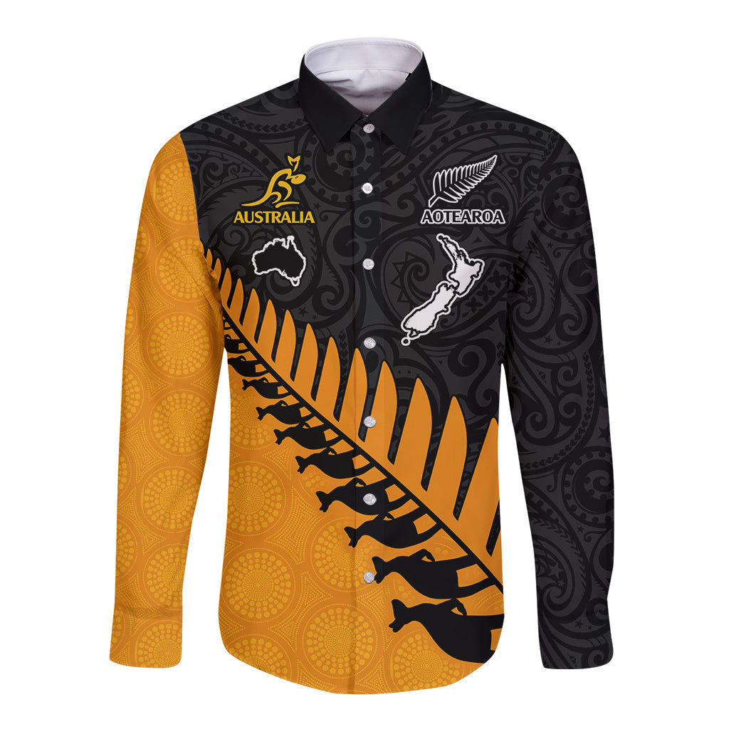 Custom Australia Wallabies and Aotearoa Rugby Long Sleeve Button Shirt Kangaroo Black Fern Maori Gold Vibe - Wonder Print Shop