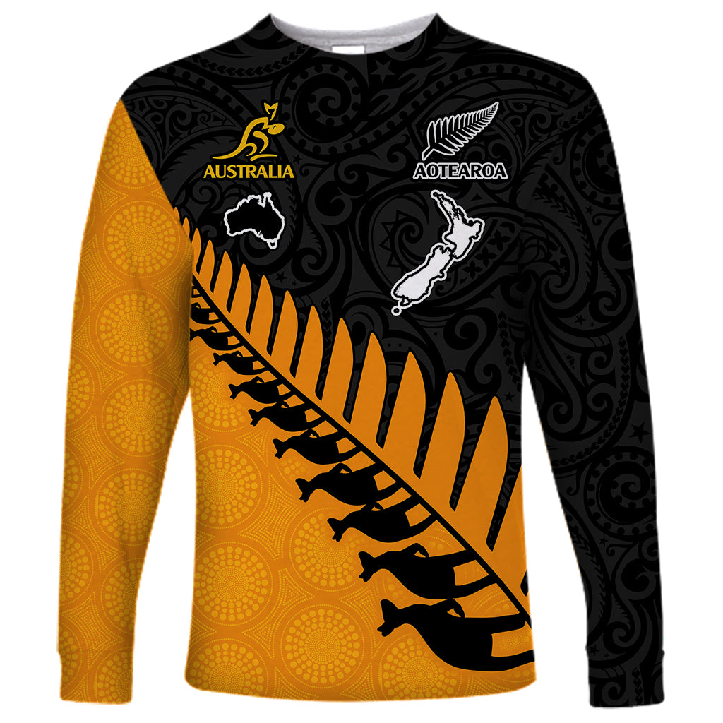 Long-sleeve rugby shirt in black and gold with tribal pattern, kangaroo and fern prints