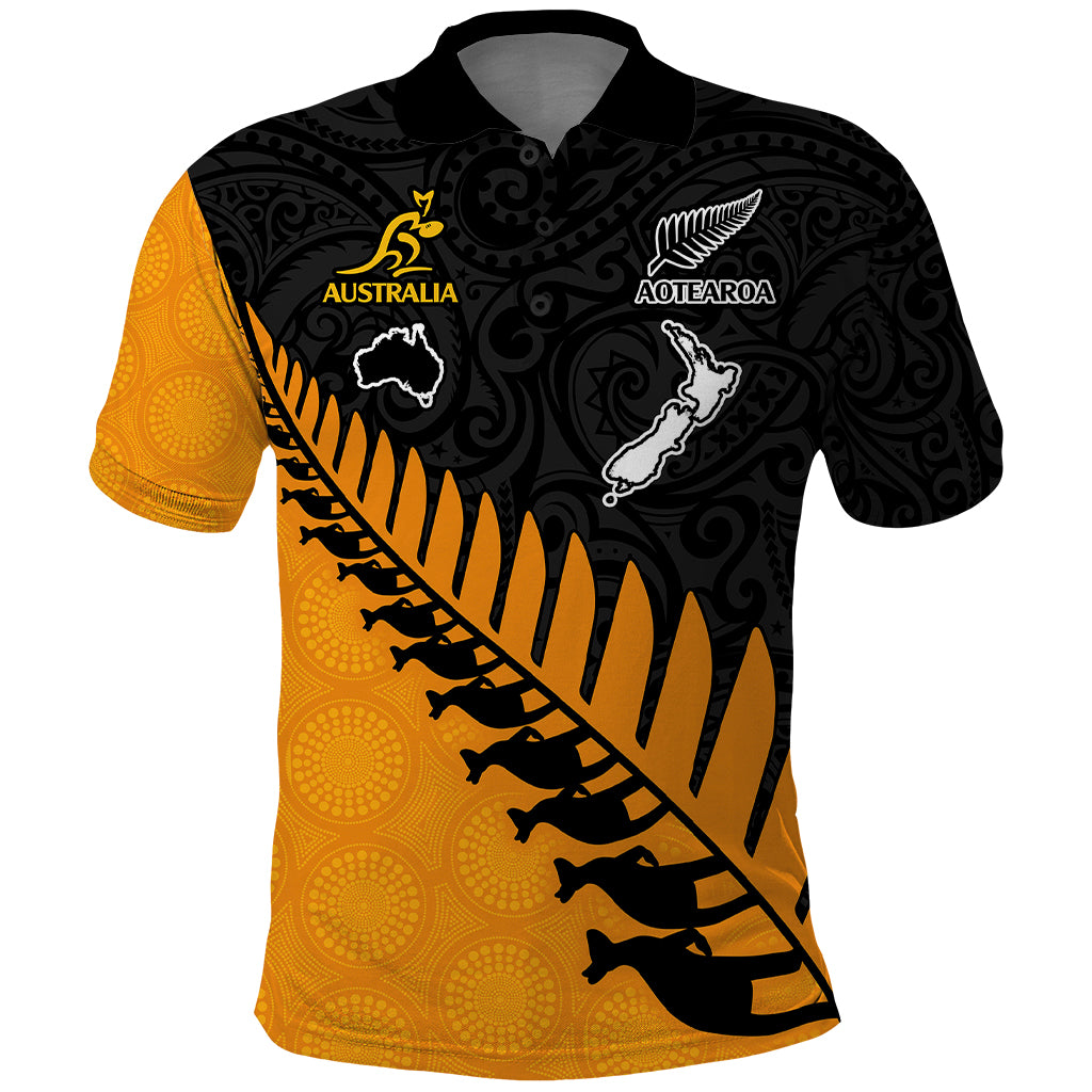 Custom Australia Wallabies and Aotearoa Rugby Polo Shirt Kangaroo Black Fern Maori Gold Vibe - Wonder Print Shop