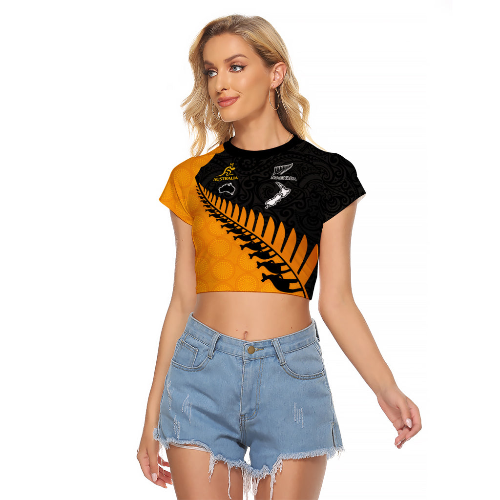 Custom Australia Wallabies and Aotearoa Rugby Raglan Cropped T Shirt Kangaroo Black Fern Maori Gold Vibe - Wonder Print Shop