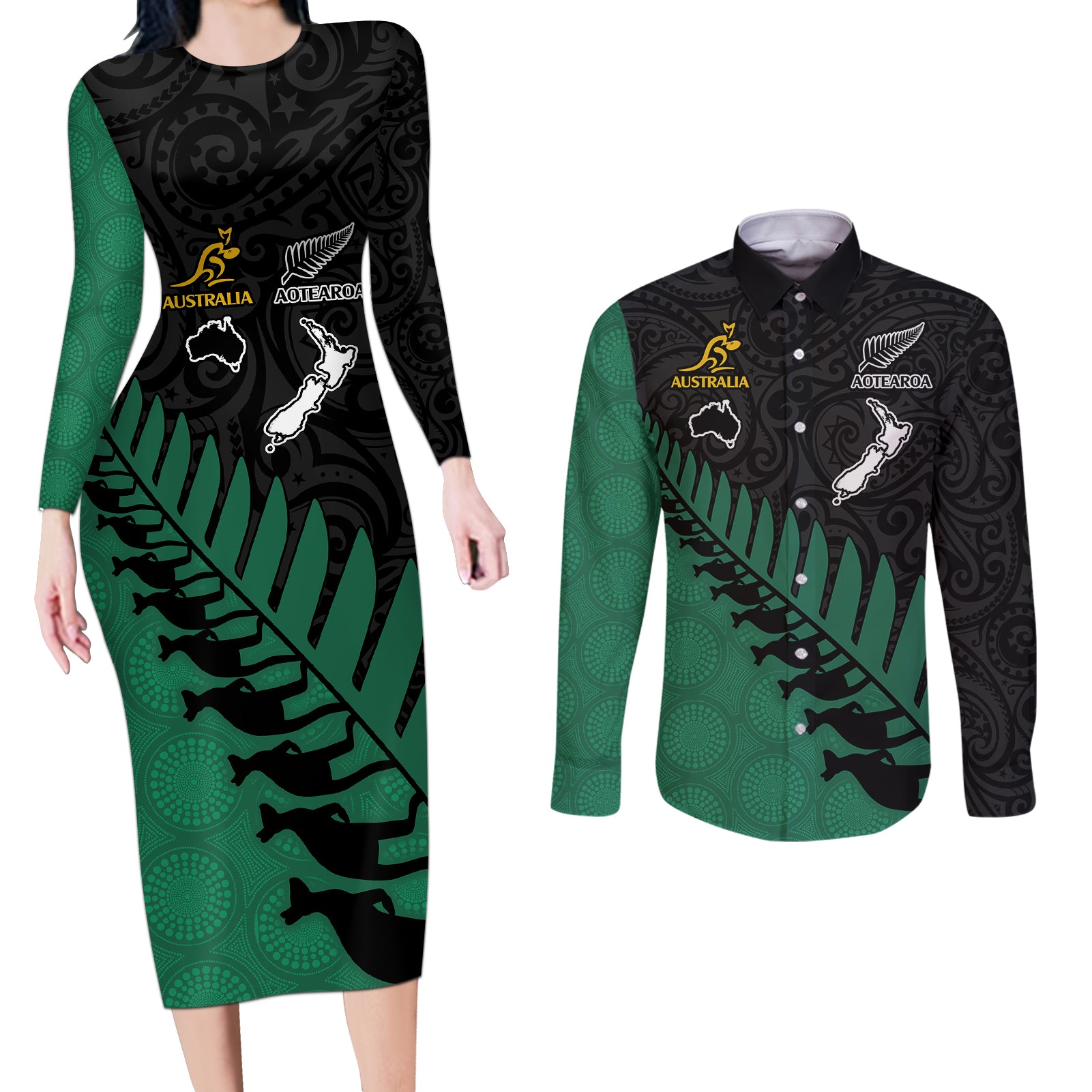 Australia Wallabies and Aotearoa Rugby Couples Matching Long Sleeve Bodycon Dress and Long Sleeve Button Shirts Kangaroo Black Fern Maori Green Vibe LT9 - Wonder Print Shop