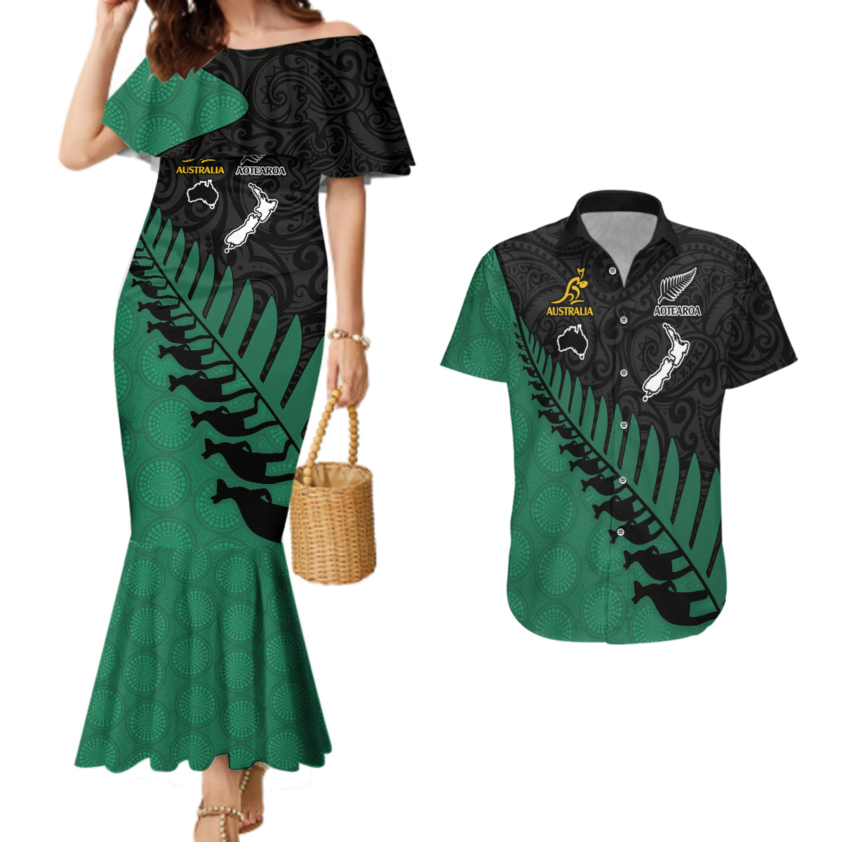 Australia Wallabies and Aotearoa Rugby Couples Matching Mermaid Dress And Hawaiian Shirt Kangaroo Black Fern Maori Green Vibe LT9 - Wonder Print Shop