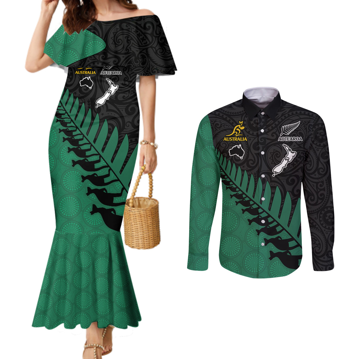 australia-wallabies-and-aotearoa-rugby-couples-matching-mermaid-dress-and-long-sleeve-button-shirts-kangaroo-black-fern-maori-green-vibe