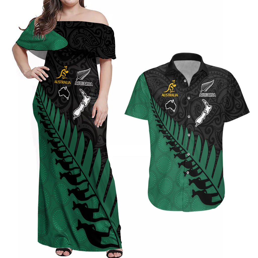 Australia Wallabies and Aotearoa Rugby Couples Matching Off Shoulder Maxi Dress and Hawaiian Shirt Kangaroo Black Fern Maori Green Vibe LT9 - Wonder Print Shop