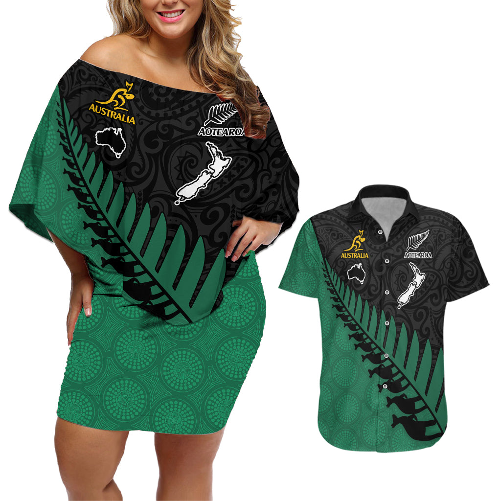 Australia Wallabies and Aotearoa Rugby Couples Matching Off Shoulder Short Dress and Hawaiian Shirt Kangaroo Black Fern Maori Green Vibe LT9 - Wonder Print Shop