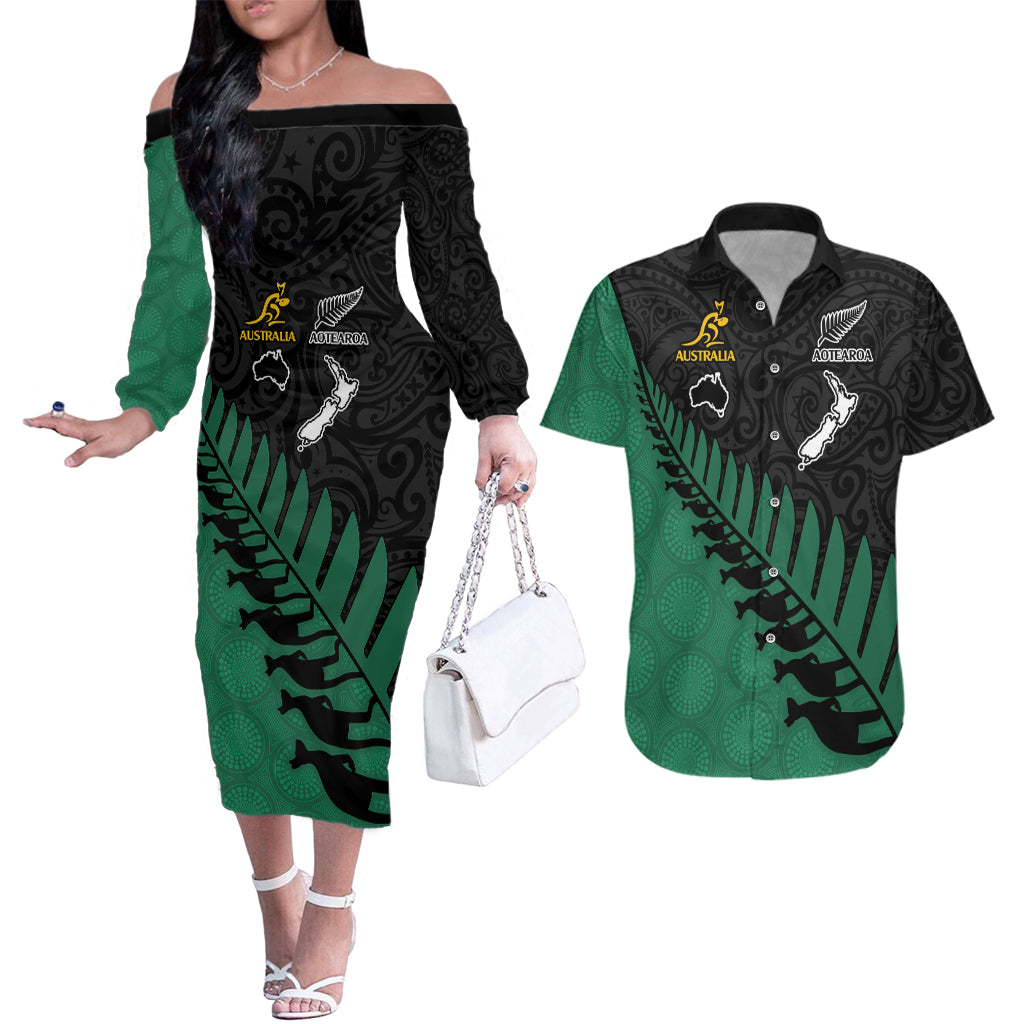 Australia Wallabies and Aotearoa Rugby Couples Matching Off The Shoulder Long Sleeve Dress and Hawaiian Shirt Kangaroo Black Fern Maori Green Vibe LT9 - Wonder Print Shop