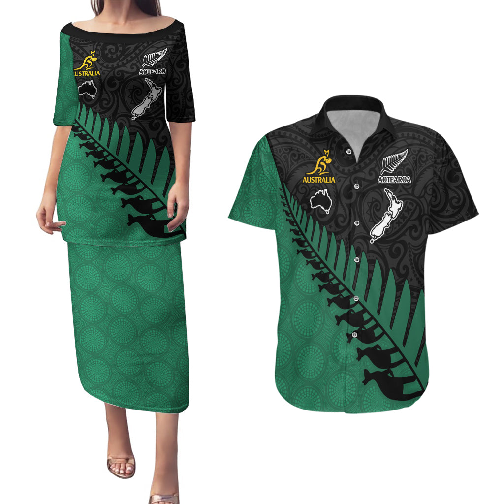 Australia Wallabies and Aotearoa Rugby Couples Matching Puletasi Dress and Hawaiian Shirt Kangaroo Black Fern Maori Green Vibe LT9 - Wonder Print Shop