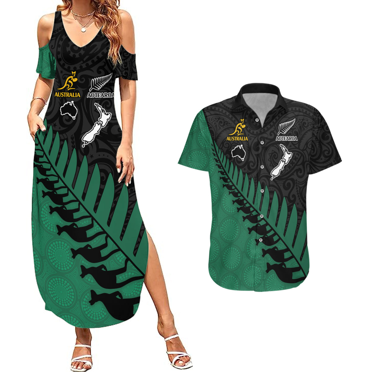 Australia Wallabies and Aotearoa Rugby Couples Matching Summer Maxi Dress and Hawaiian Shirt Kangaroo Black Fern Maori Green Vibe LT9 - Wonder Print Shop