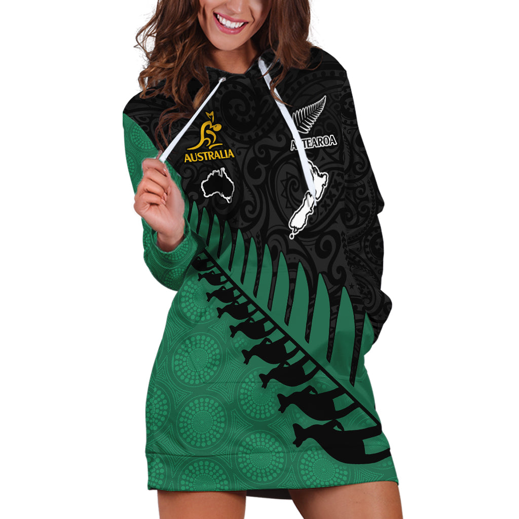 Australia Wallabies and Aotearoa Rugby Hoodie Dress Kangaroo Black Fern Maori Green Vibe - Wonder Print Shop