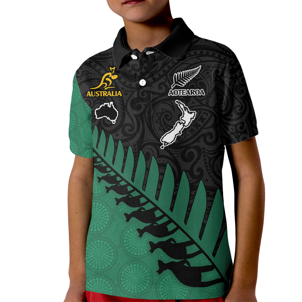 Australia Wallabies and Aotearoa Rugby Kid Polo Shirt Kangaroo Black Fern Maori Green Vibe - Wonder Print Shop