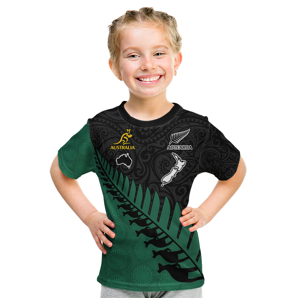 Australia Wallabies and Aotearoa Rugby Kid T Shirt Kangaroo Black Fern Maori Green Vibe - Wonder Print Shop