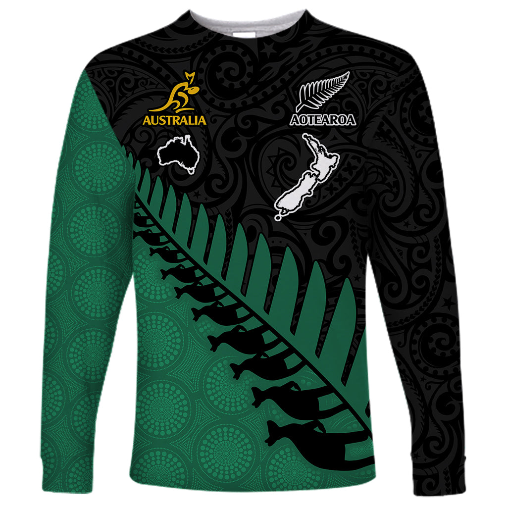 Australia Wallabies and Aotearoa Rugby Long Sleeve Shirt Kangaroo Black Fern Maori Green Vibe - Wonder Print Shop