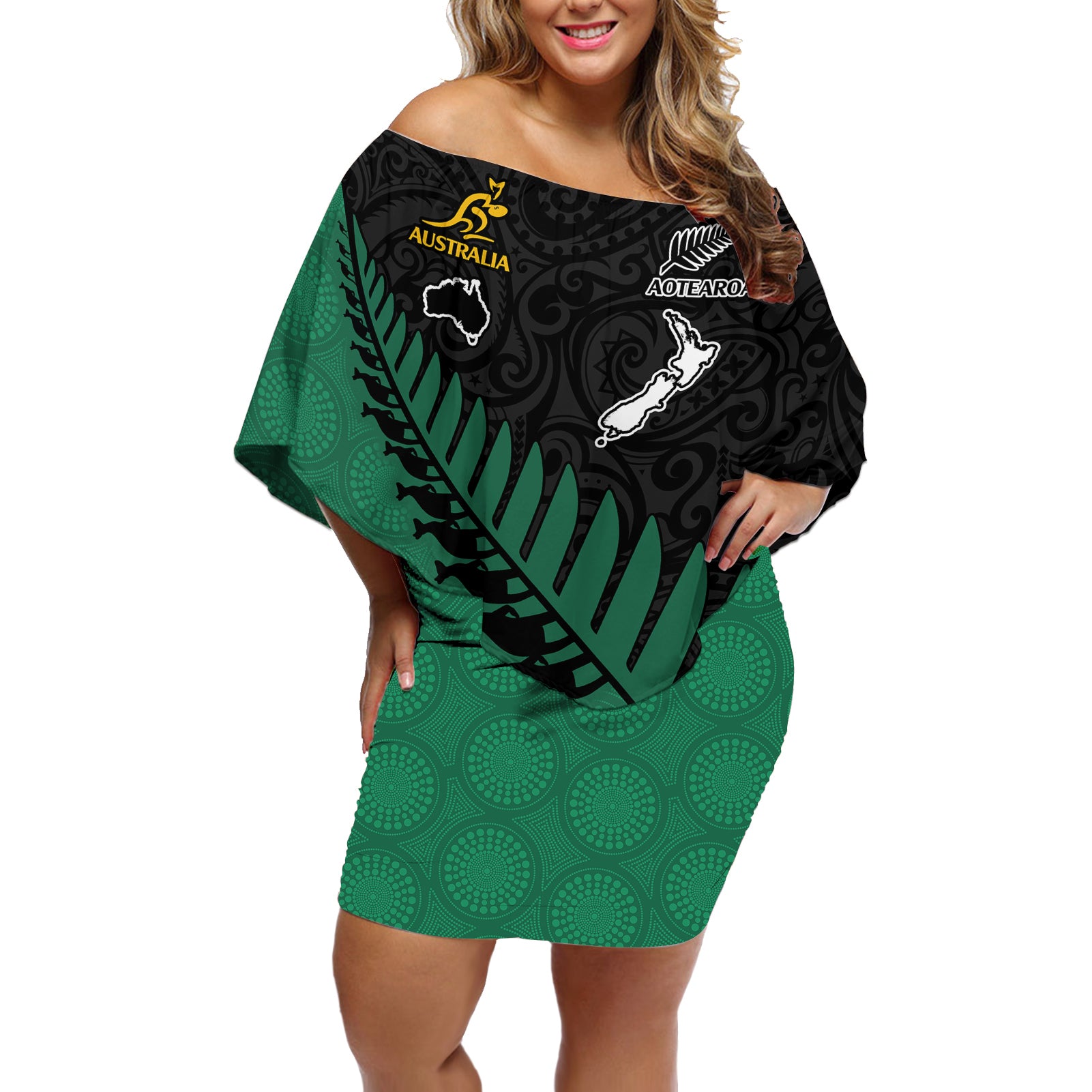 Australia Wallabies and Aotearoa Rugby Off Shoulder Short Dress Kangaroo Black Fern Maori Green Vibe - Wonder Print Shop