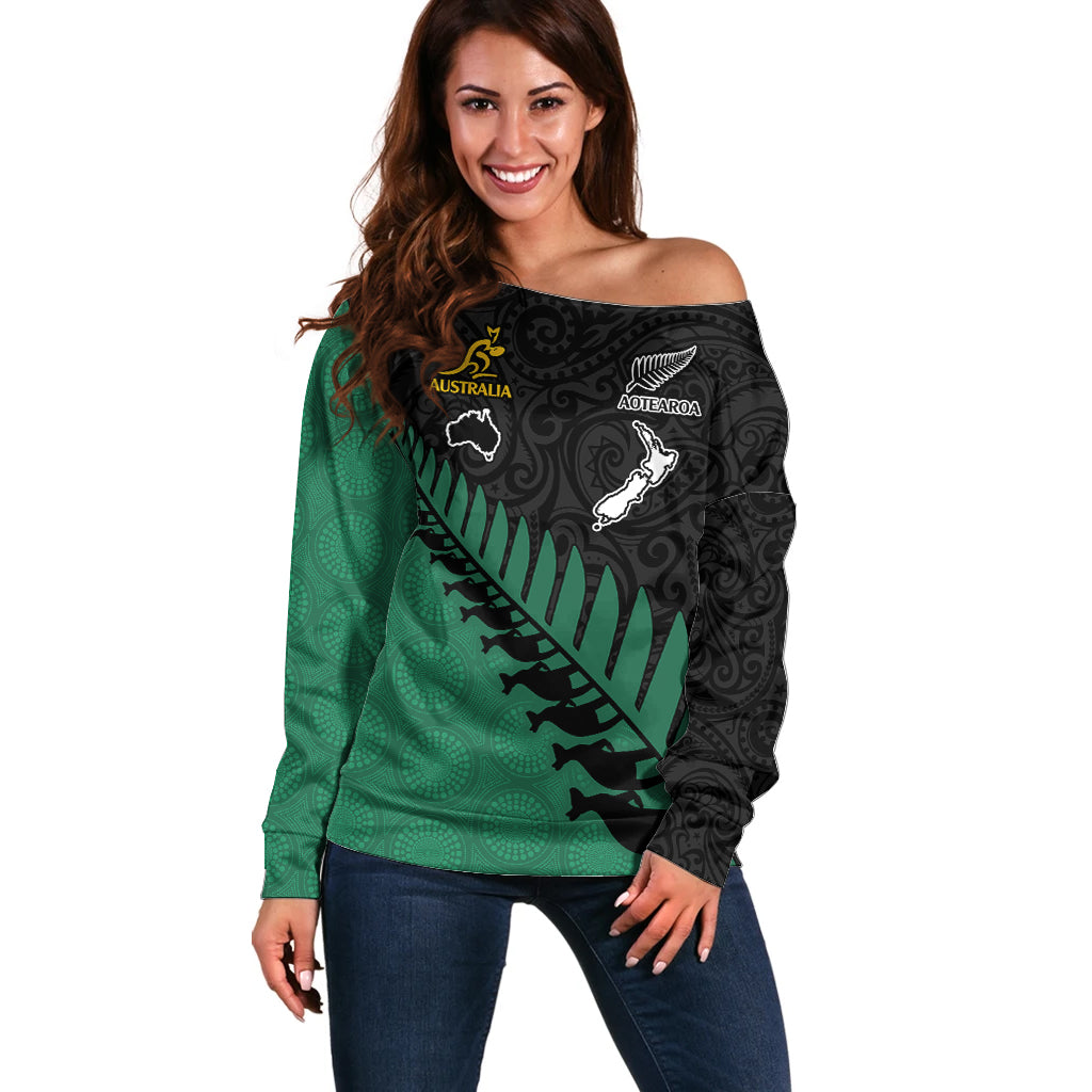 Australia Wallabies and Aotearoa Rugby Off Shoulder Sweater Kangaroo Black Fern Maori Green Vibe - Wonder Print Shop