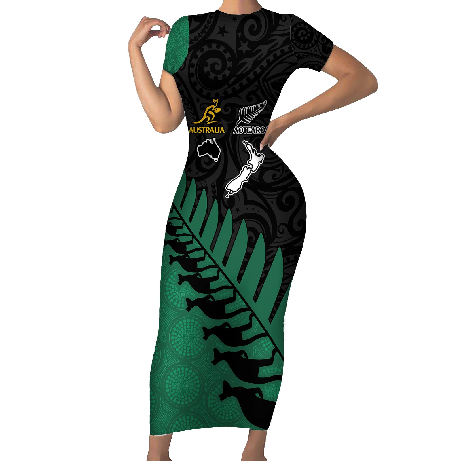 australia-wallabies-and-aotearoa-rugby-short-sleeve-bodycon-dress-kangaroo-black-fern-maori-green-vibe