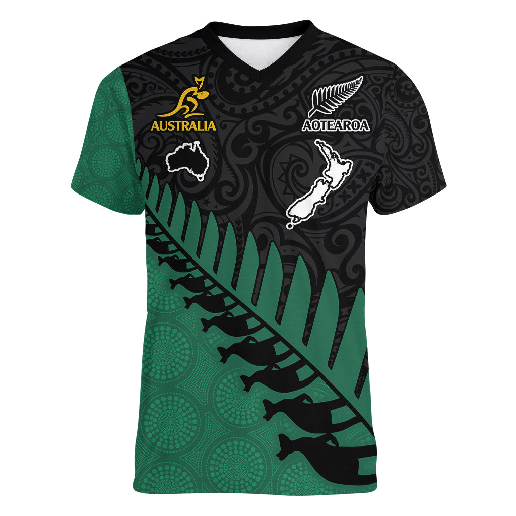 australia-wallabies-and-aotearoa-rugby-women-v-neck-t-shirt-kangaroo-black-fern-maori-green-vibe