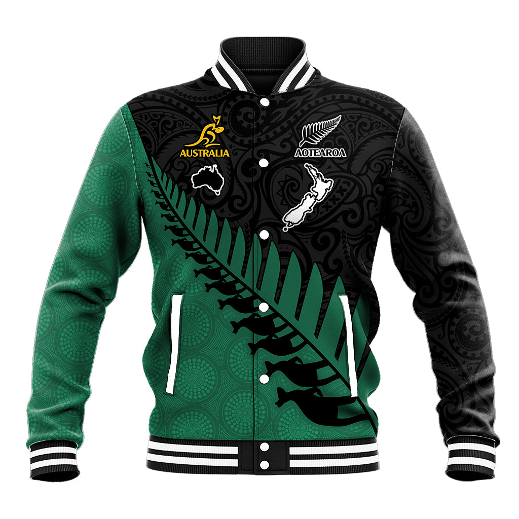 Unisex green-and-black varsity baseball jacket with ribbed collar, button front, emblem