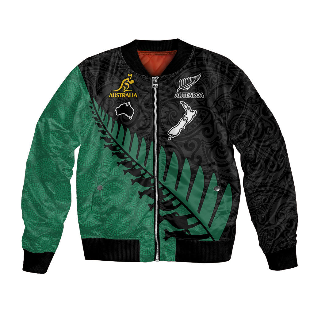 Unisex bomber jacket in black and green with zip front and rugby emblems